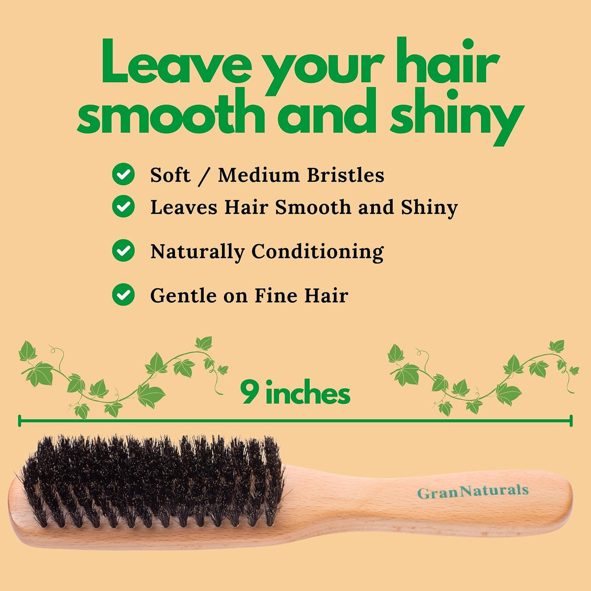 GranNaturals Boar Bristle Slick Back Hair Brush - Large Soft/Medium Smoothing Hairbrush to Style, Polish, & Lay Hair Down Flat to Create a Sleek Frizz Free Hairstyle for Women and Men
