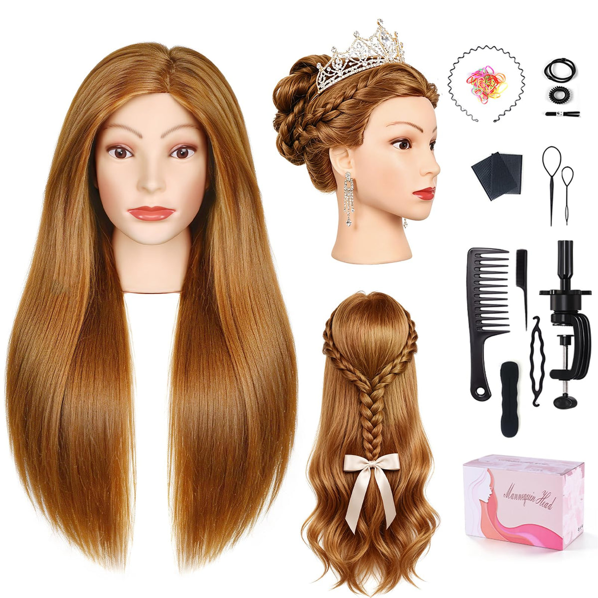 Mannequin Head with 100% Human Hair, TopDirect Real Hair Cosmetology Mannequin Head Hair Styling Hairdressing Practice Training Doll Head with Clamp Holder and Tools (Dark Brown)
