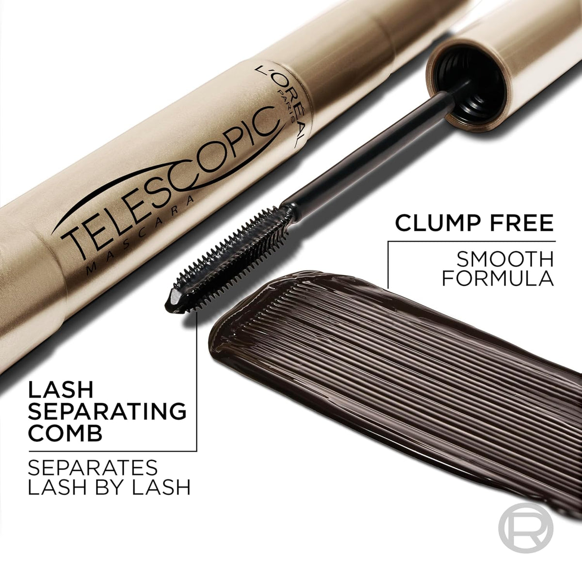 L'Oreal Paris - Máscara de alargamiento de pestañas, maquillaje telescópico original, con cepillo de doble precisión para separar pestañas, lavable, negro más negro, 0.27 onzas líquidas, paquete de 1