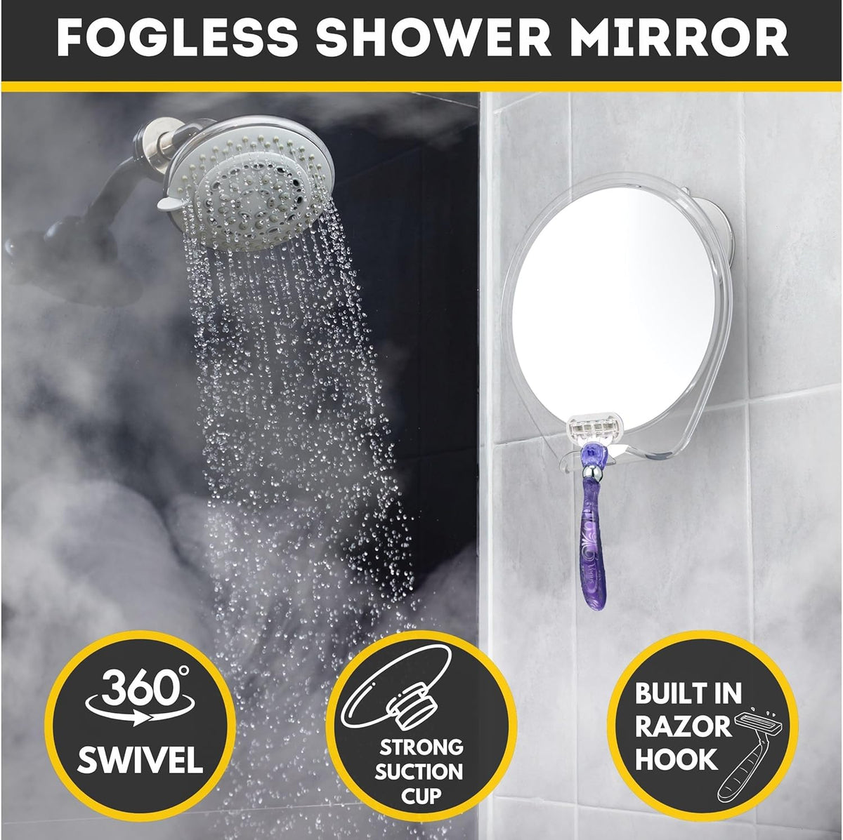 HONEYBULL Fogless Shower Mirror for Shaving with Suction Mount, White