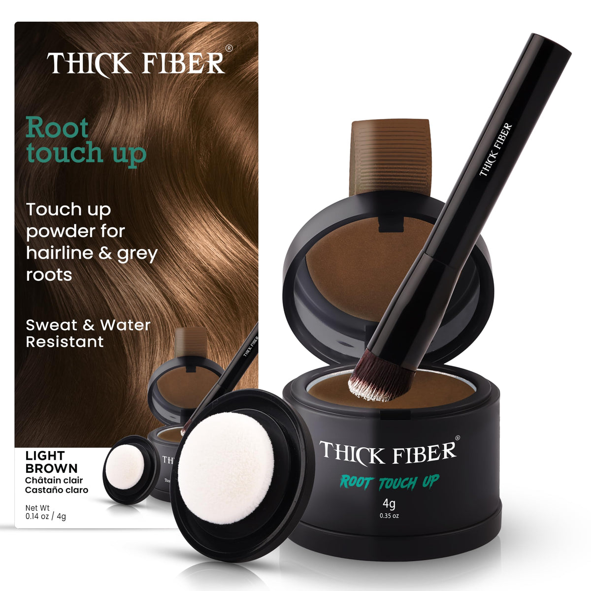 THICK FIBER Root Touch Up Powder - Water & Sweat Resistant Hair Loss Concealer Set for Thinning Hair Women, Includes Brush (Dark Brown)