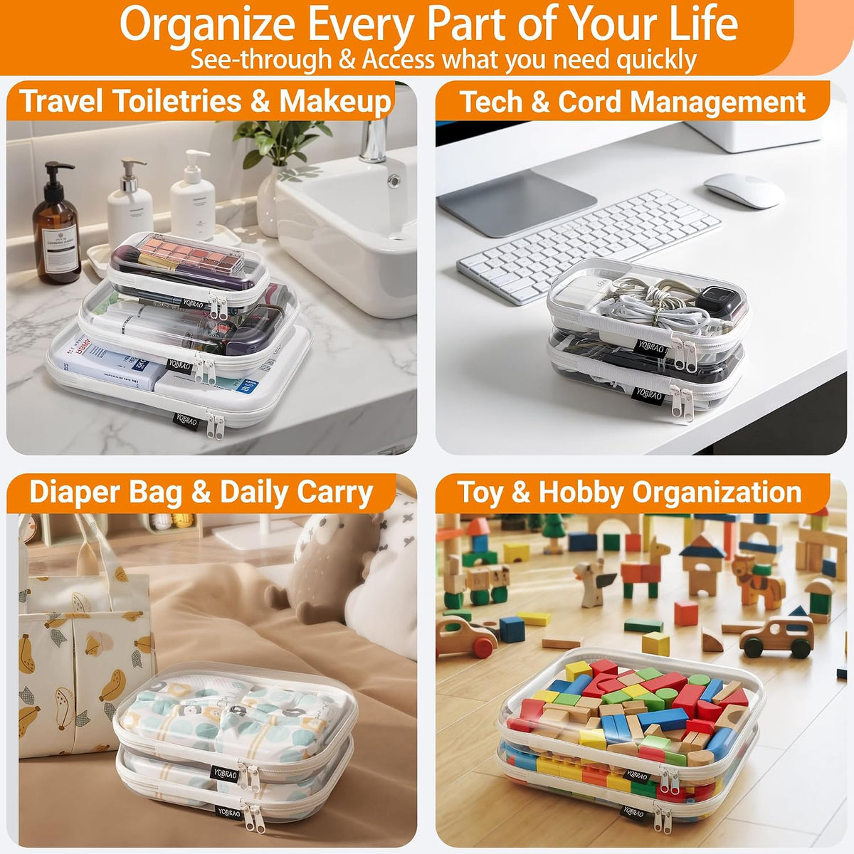 YQBRAO Clear Hard Shell Zipper Cases, Diaper Bag Organizer Pouches, White