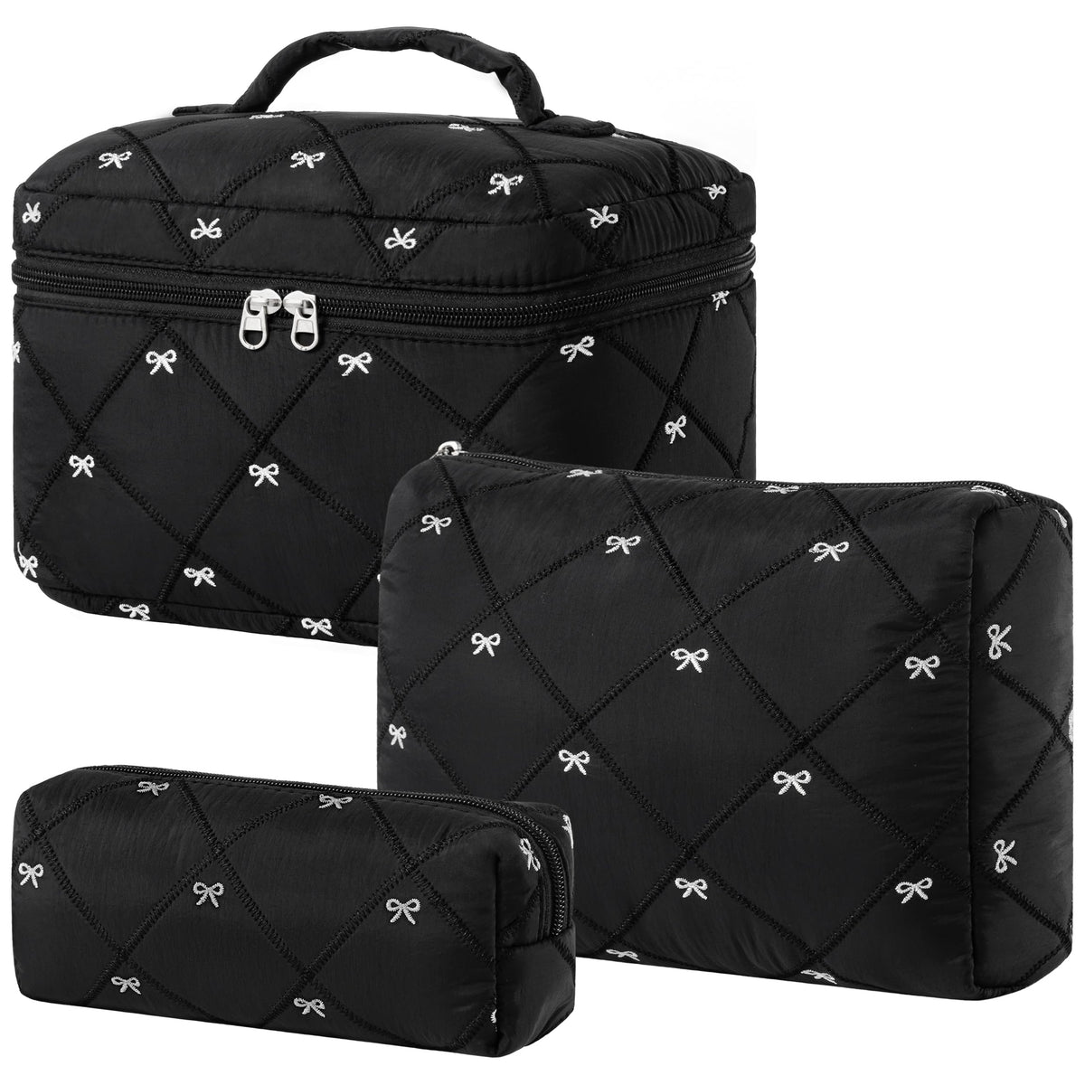 HBselect Quilted Makeup Bag, 3Pcs Cotton Large Travel Makeup Bags Organizer