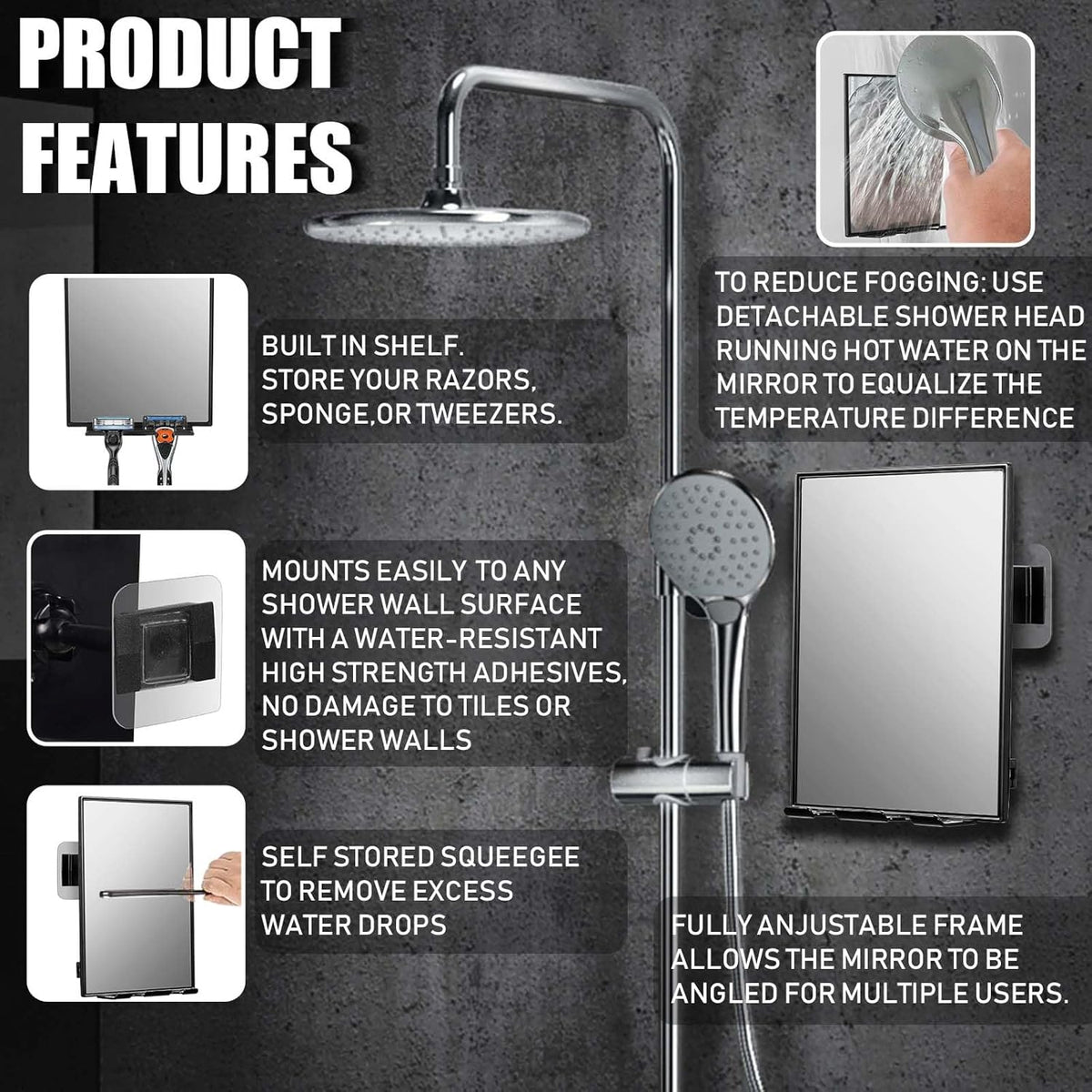 LFOYOU Shower Mirror for Shaving & Washing Your Face with a Squeegee - Built-in Two Razor Holder, 360°Rotation Adjustable Shaving Bathroom Mirror - Easy Install, Home Shower Accessory(Not Fogless)