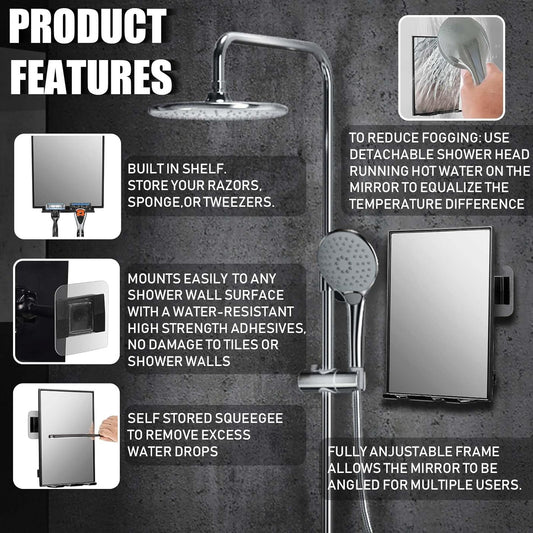 LFOYOU Shower Mirror for Shaving & Washing Your Face with a Squeegee - Built-in Two Razor Holder, 360°Rotation Adjustable Shaving Bathroom Mirror - Easy Install, Home Shower Accessory(Not Fogless)