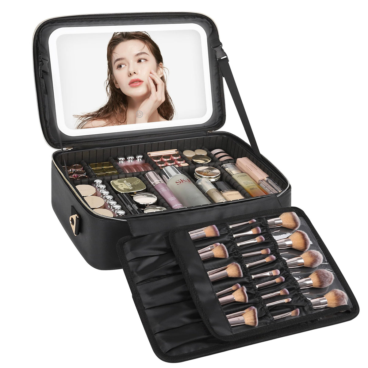 Relavel Travel Makeup Bag With LED Mirror, Cosmetic Train Case with Light up Mirror, Portable Makeup Artist Organizer Bag with Adjustable Dividers, Makeup Brush Holder Storage, Black