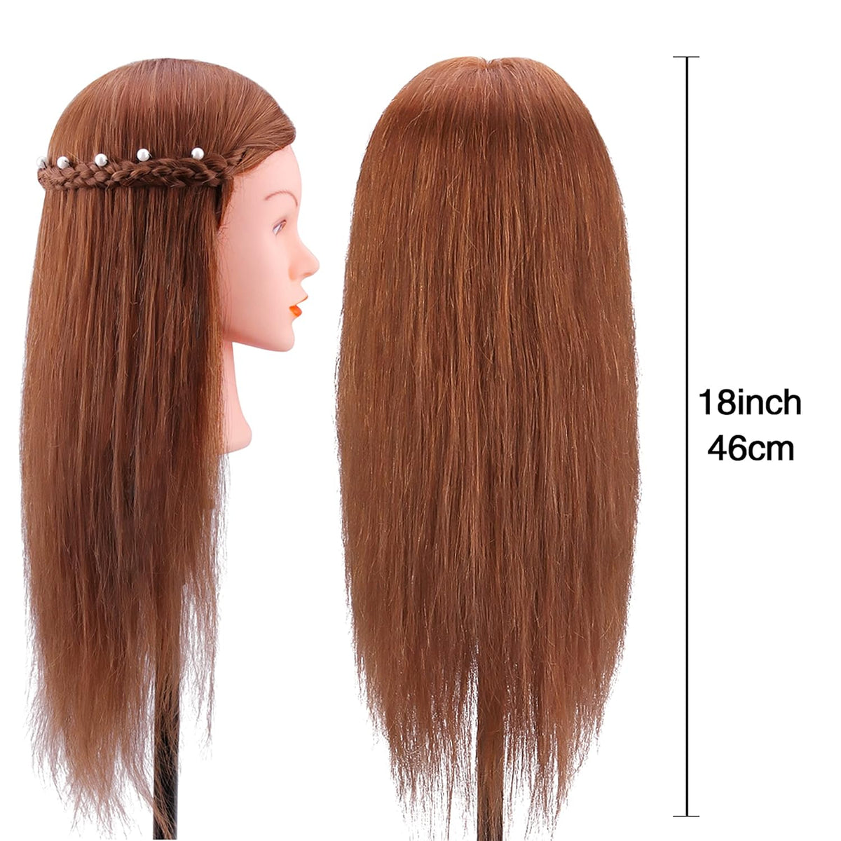 Mannequin Head with 100% Human Hair, TopDirect Real Hair Cosmetology Mannequin Head Hair Styling Hairdressing Practice Training Doll Head with Clamp Holder and Tools (Dark Brown)