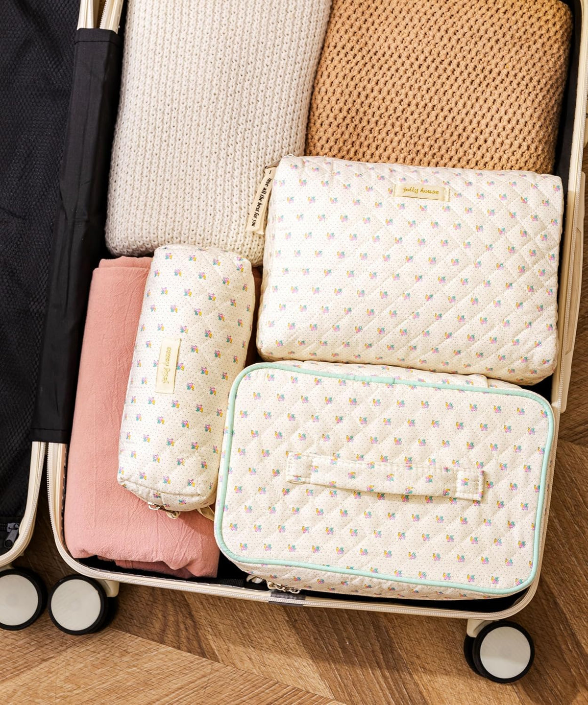HBselect Quilted Makeup Bag, 3Pcs Cotton Large Travel Makeup Bags Organizer