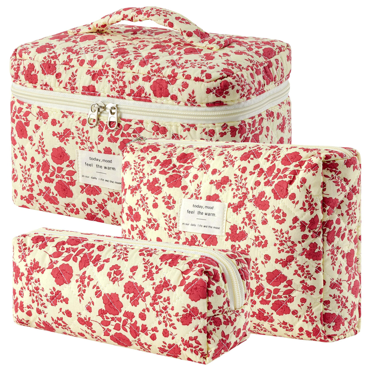 HBselect Quilted Makeup Bag, 3Pcs Cotton Large Travel Makeup Bags Organizer