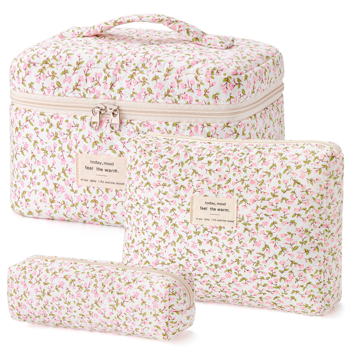 HBselect Quilted Makeup Bag, 3Pcs Cotton Large Travel Makeup Bags Organizer