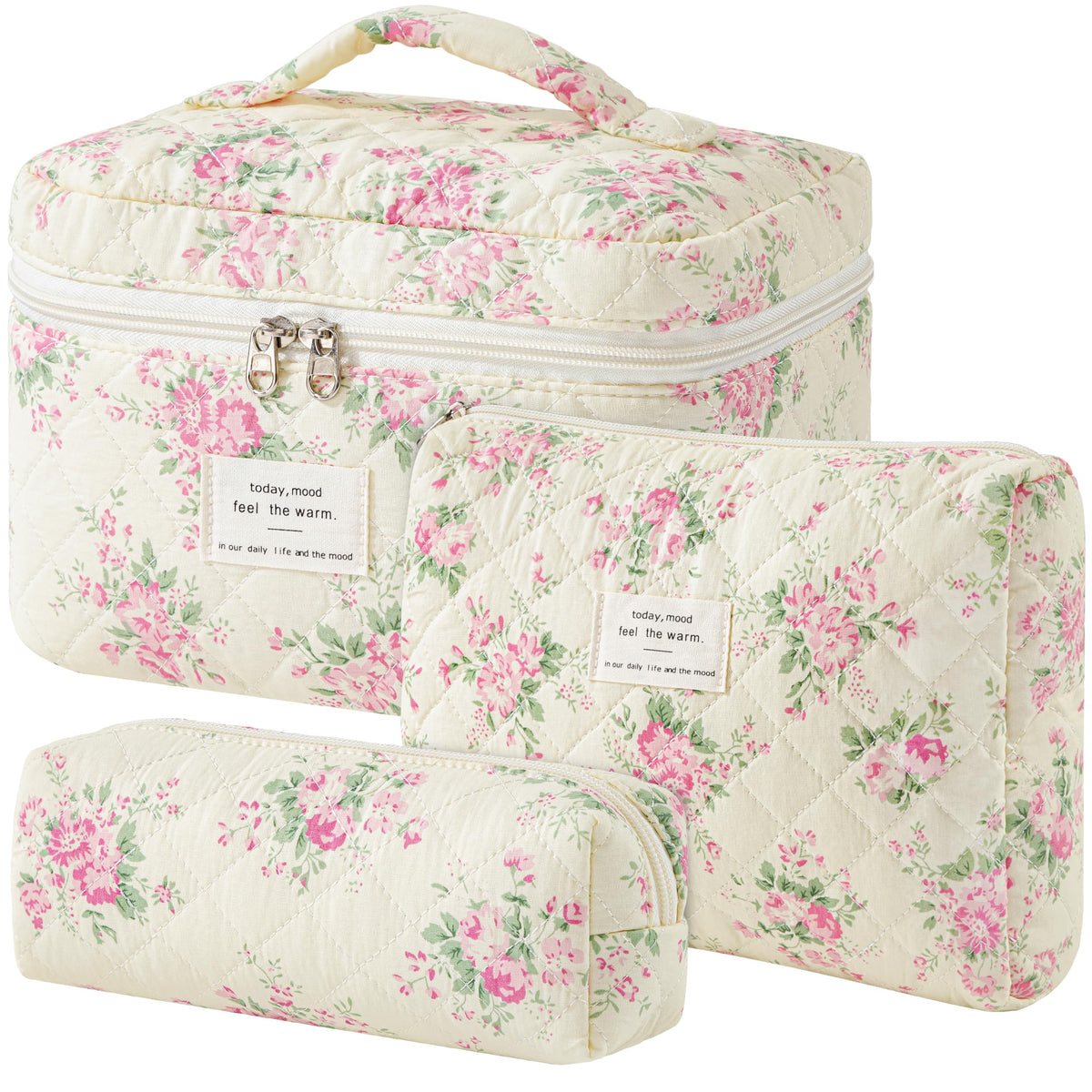 HBselect Quilted Makeup Bag, 3Pcs Cotton Large Travel Makeup Bags Organizer