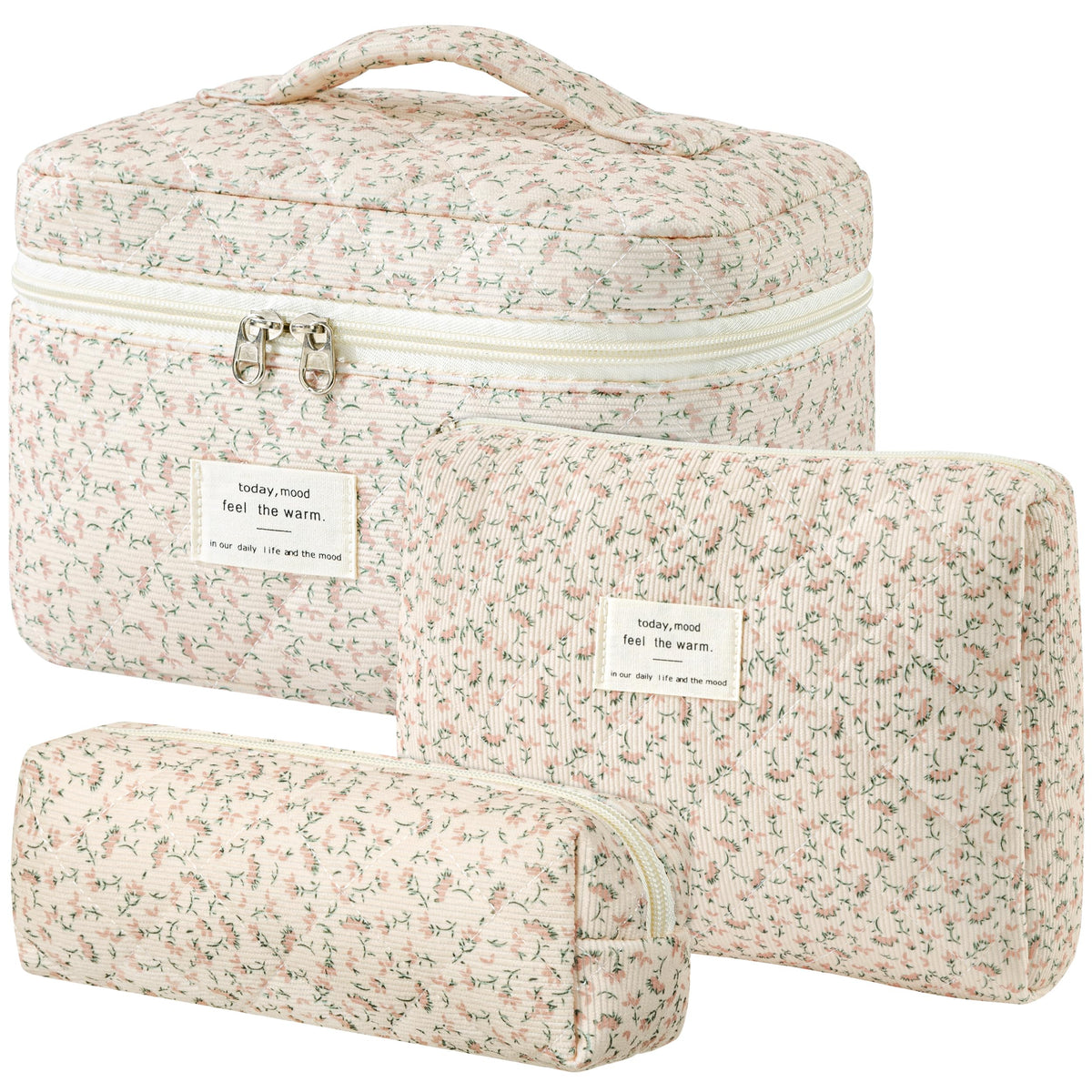 HBselect Quilted Makeup Bag, 3Pcs Cotton Large Travel Makeup Bags Organizer