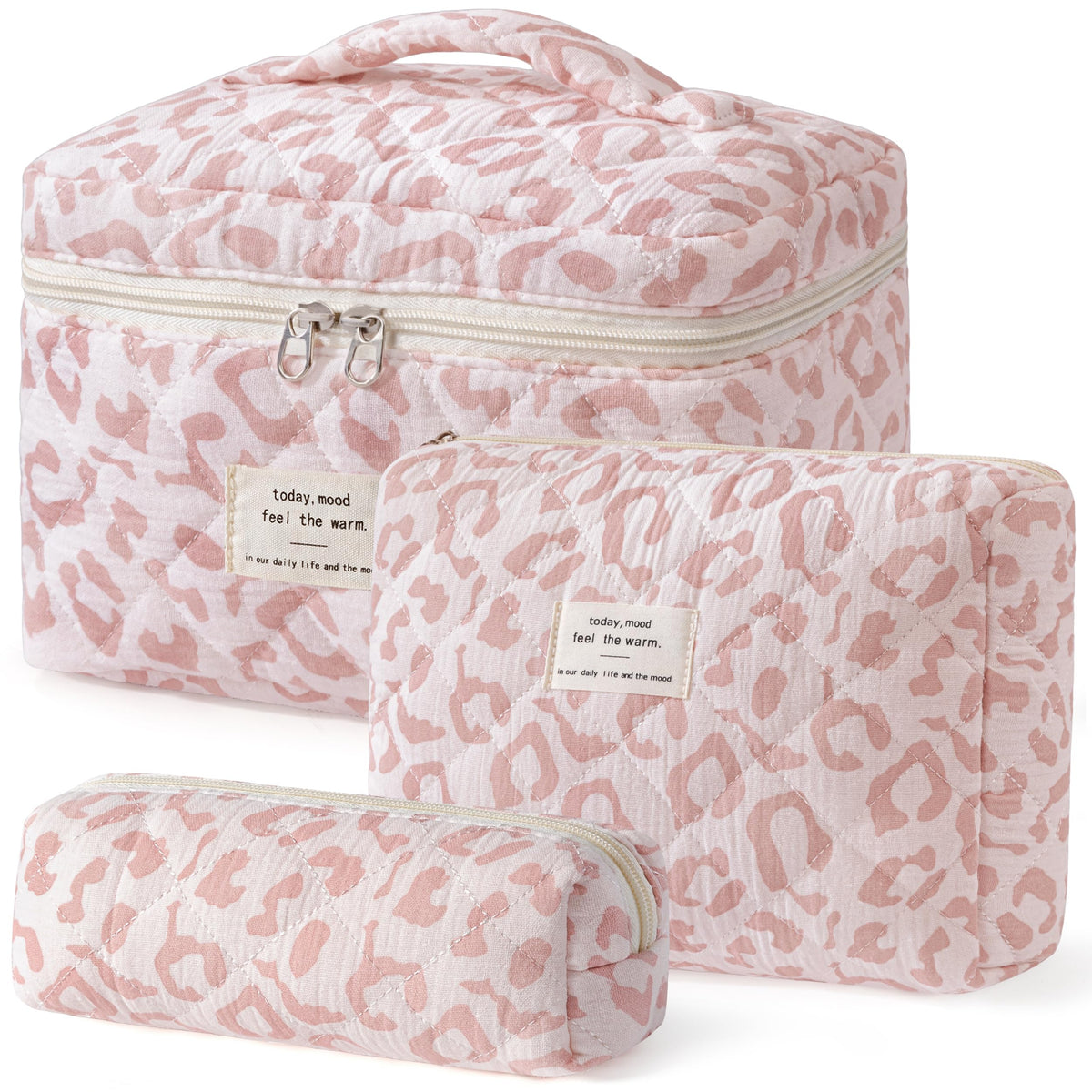 HBselect Quilted Makeup Bag, 3Pcs Cotton Large Travel Makeup Bags Organizer