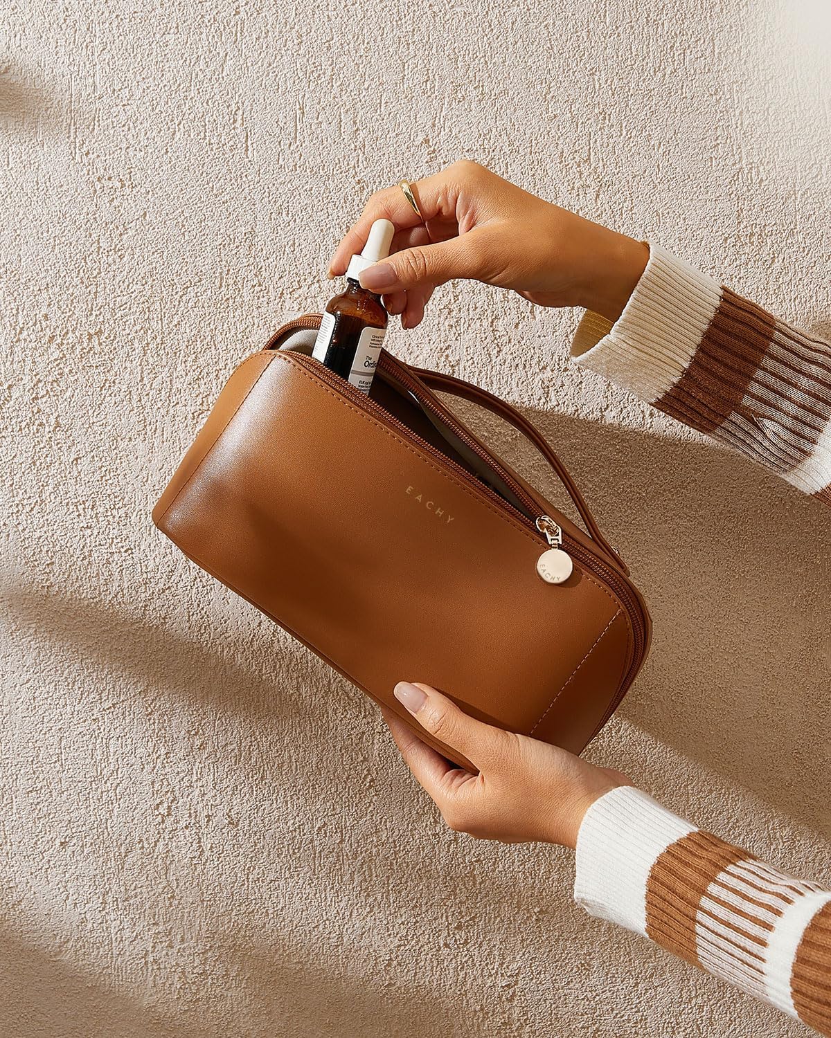 EACHY Travel Makeup Bag for Women, PU Leather Cosmetic Bag, Brown, Medium