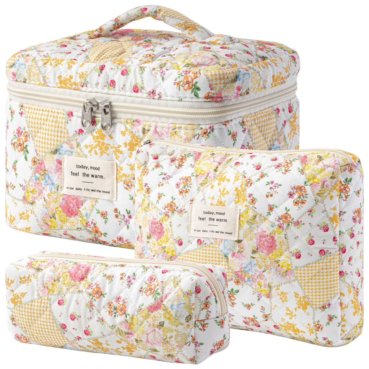 HBselect Quilted Makeup Bag, 3Pcs Cotton Large Travel Makeup Bags Organizer