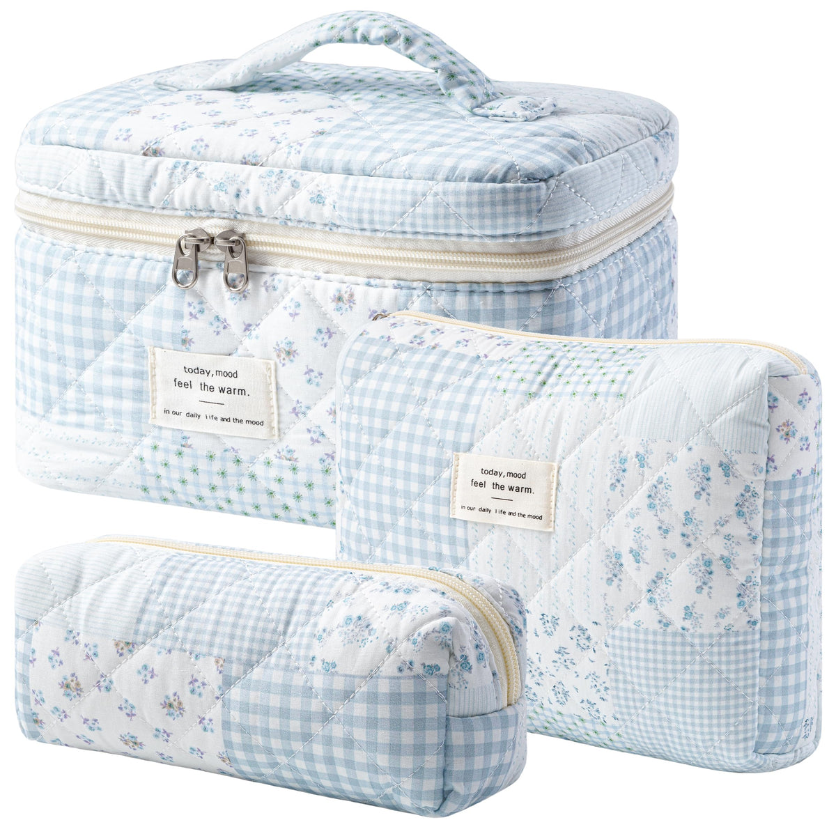 HBselect Quilted Makeup Bag, 3Pcs Cotton Large Travel Makeup Bags Organizer