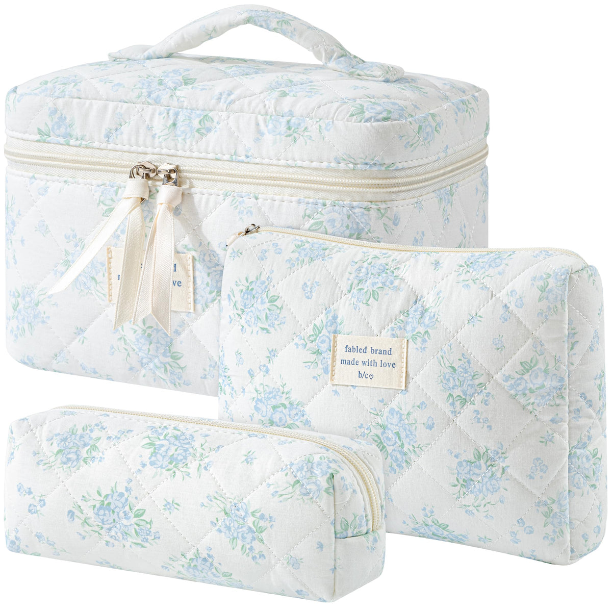 HBselect Quilted Makeup Bag, 3Pcs Cotton Large Travel Makeup Bags Organizer